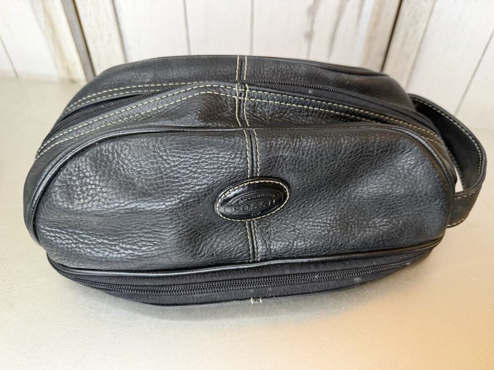 Fossil Black Leather Men's Toiletry Bag Dopp Kit Multi Compartment